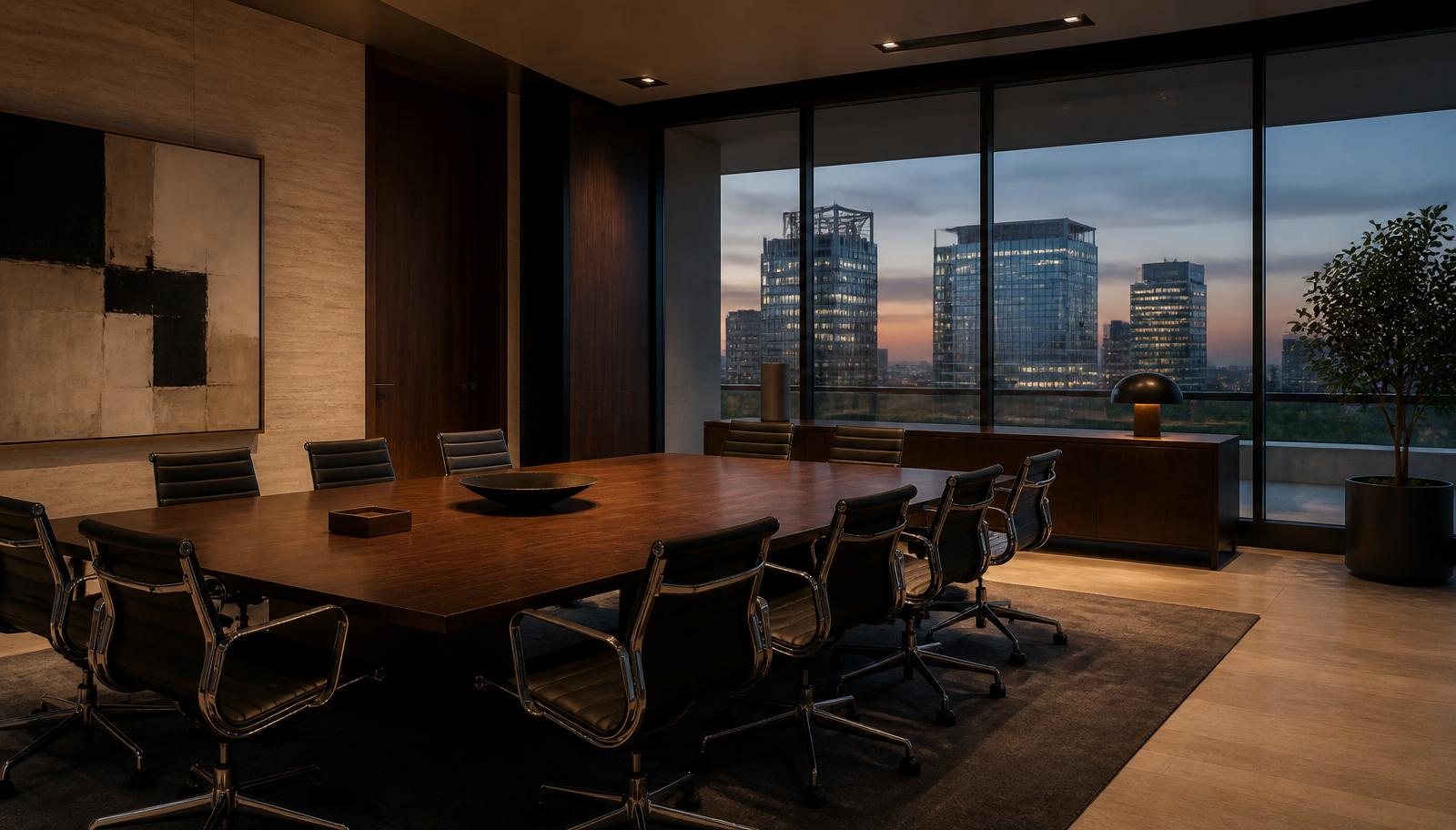 Contemporary Madrid executive meeting room overlooking the city's business district at dusk
